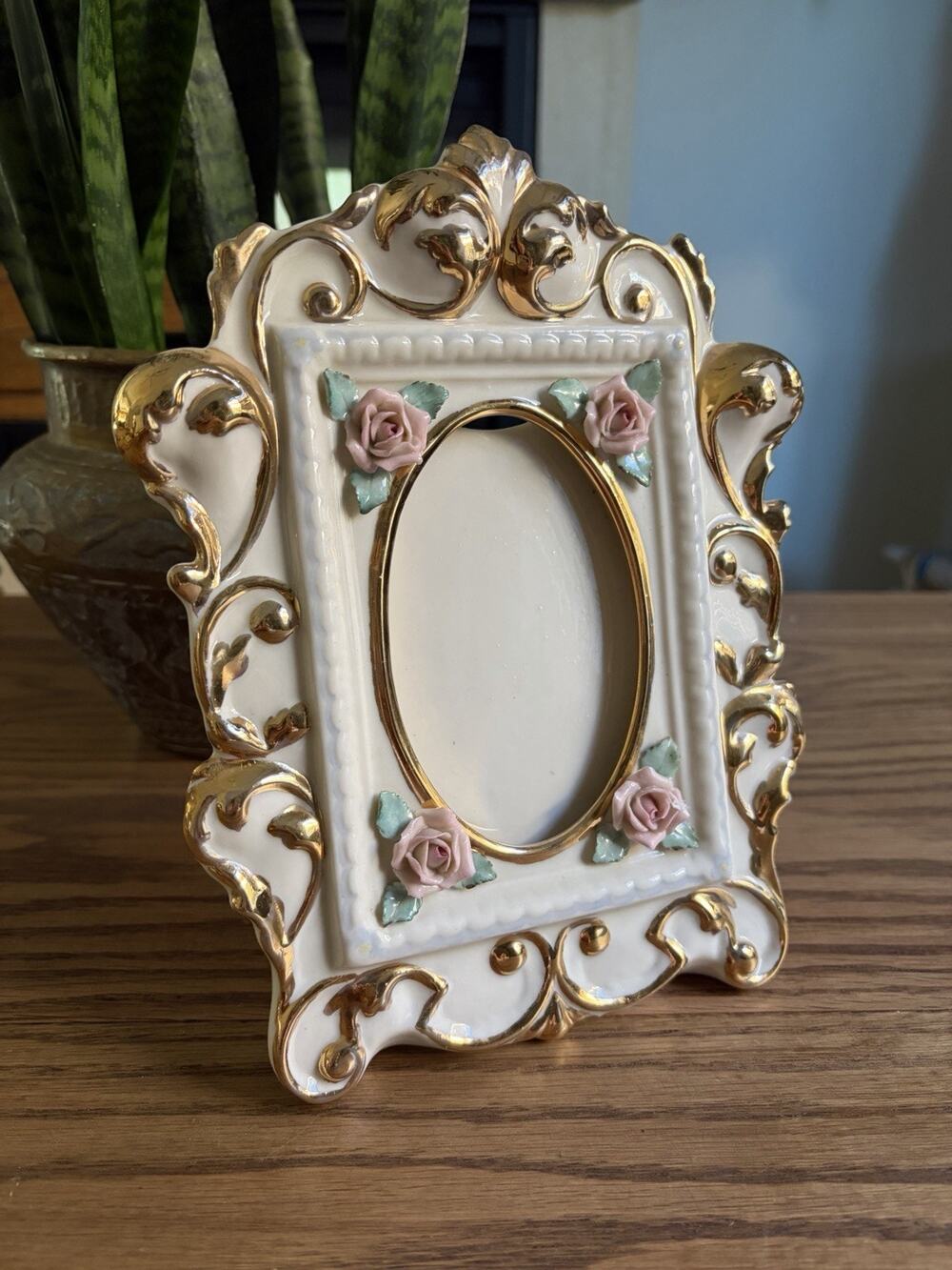 Vintage 1950s Porcelain Frame Floral Ornate Gold Heirloom Of Tomorrow Made USA